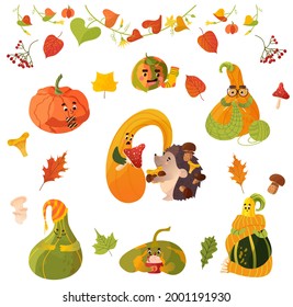 Beautiful autumn set. Colorful leaves, berries and mushrooms. Pumpkins characters drinking coffee, eating donuts, knitting scarf, sleeping. Vector illustration in cartoon style