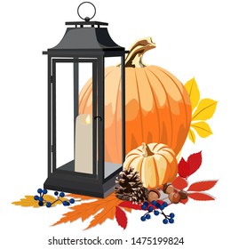 Beautiful autumn still life lantern pumpkin leaves berries grapes acorns candle vector art