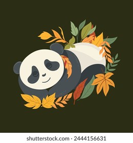 Hermosa Plantilla de otoño con panda durmiente lindo en hojas coloridas. Ilustración vectorial. Se puede utilizar para el Anuncio, el póster, la tarjeta de felicitación, la postal y la impresión.