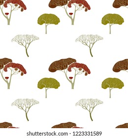 beautiful autumn trees. Graphic illustration with graceful trees. Seamless vector pattern on a white background.