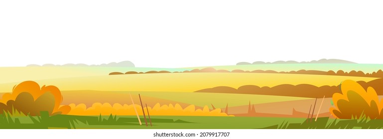 Beautiful autumn typical rural landscape. Rustic wildlife. Village is pasture and vegetable garden. Harvest time of year. Yellow and orange scene. Isolated on white background. Vector