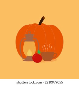 Beautiful Autumn Vector Illustration With Pumpkin, Gas Lamp, Apple, Cup Of Hot Drink. Design For Card, Banner. Minimalist Flat Picture