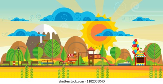 Beautiful autumn vector landscape illustration, with playground elements. artistic design background.