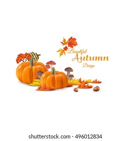 Beautiful autumn vector photorealistic still life, with autumn maple leaves and autumn pumpkins. Vector design in autumn theme.
