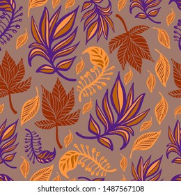 Beautiful autumn vector seamless pattern with colorful leaves. Perfectly for interior design, wall, kids, bedding, clothing, wrapping paper, bed linen, textile, fashion.