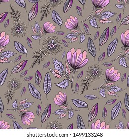 Beautiful autumn vector seamless pattern with flowers and leaves in pastel colours. Perfectly for interior design, wall, kids, bedding, clothing, wrapping paper, bed linen, textile, fashion.