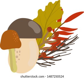 Beautiful autumncomposition with mushroom, berries and leaves. Autumn Bouquet. Vector illustration. Design element for greeting card or wedding invitation, scrapbook