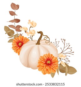 Una hermosa Ilustración vectorial de temática otoñal con una calabaza beige adornada con una dalia naranja vibrante, hojas de otoño, bayas y follaje. Perfecto para la decoración de otoño, celebraciones de temporada.