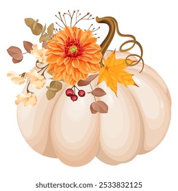 Una hermosa Ilustración vectorial de temática otoñal con una calabaza beige adornada con una dalia naranja vibrante, hojas de otoño, bayas y follaje. Perfecto para la decoración de otoño, celebraciones de temporada.