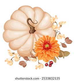 Una hermosa Ilustración vectorial de temática otoñal con una calabaza beige adornada con una dalia naranja vibrante, hojas de otoño, bayas y follaje. Perfecto para la decoración de otoño, celebraciones de temporada.