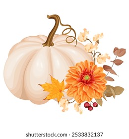 Una hermosa Ilustración vectorial de temática otoñal con una calabaza beige adornada con una dalia naranja vibrante, hojas de otoño, bayas y follaje. Perfecto para la decoración de otoño, celebraciones de temporada.