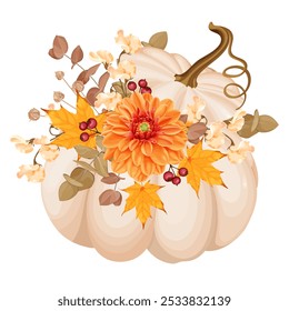 Una hermosa Ilustración vectorial de temática otoñal con una calabaza beige adornada con una dalia naranja vibrante, hojas de otoño, bayas y follaje. Perfecto para la decoración de otoño, celebraciones de temporada.