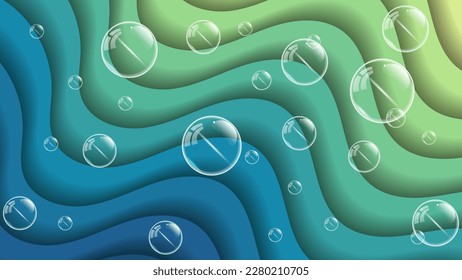 Beautiful azure green striped wavy wallpaper. Transparent bubbles on a wavy striped background. Template for your projects. Vector.