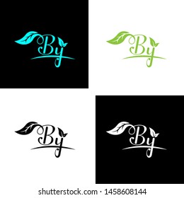 Beautiful B Y letters with leaf. Handwriting, Signature, wedding, fashion, boutique, jewelry, botanical , floral logo creative Vector logo Design template