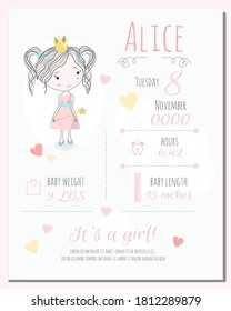 Beautiful babies posters with cute little princess, height, weight, date of birth. Vector Illustration newborn metric for children bedroom.