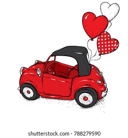 Beautiful baby car. Vector illustration. Nice car. Vintage car. Picture for postcard or poster, print. Balls in the shape of hearts, Valentine's day, love and friendship.