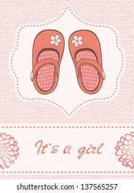Beautiful baby girl announcement card with beautiful shoes. Vector format