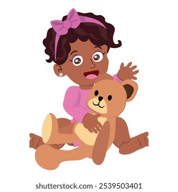beautiful baby girl with a bow in her hair holding a teddy bear, little child sitting on the floor playing with a toy. vector illustration.