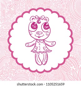 Beautiful baby girl card with cute cartoon bear. Vector illustration
