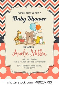 Beautiful baby girl shower card with toys, vector format