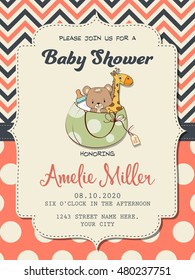 Beautiful baby girl shower card with toys, vector format