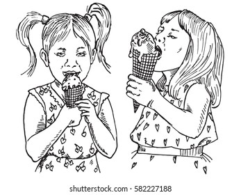 Beautiful baby girls eating ice cream in a waffle cup, hand drawn doodle, sketch in pop art style, vector