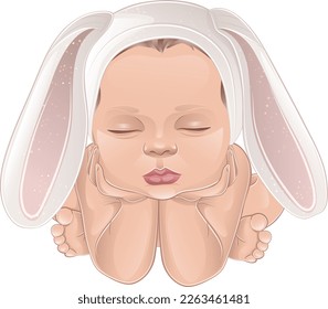 beautiful baby with hare ears on pink background