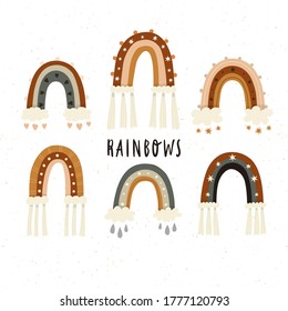 Beautiful baby neutral bohemian rainbows set. Modern rainbows. Boho rainbows for baby shower invitations, cards, nursery room posters. Vector bohemian rainbows