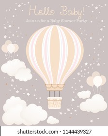 Beautiful baby shower card template with hot air balloon, cloud details, vector format