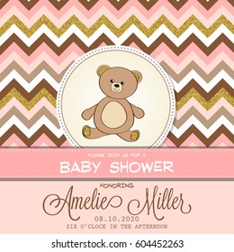 Beautiful baby shower card template with golden glittering details, vector format