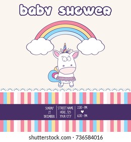 Beautiful baby shower card template with lovely baby girl unicorn, vector format