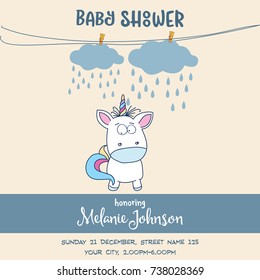 Beautiful baby shower card template with lovely baby unicorn, vector format