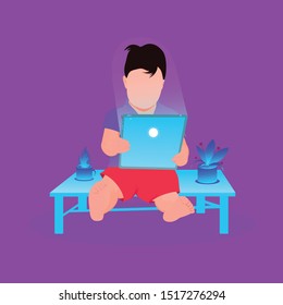 A beautiful baby is sitting on the table with her legs straight. He's very focused on it. He was wearing a purple t-shirt and red pants.