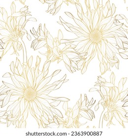 Beautiful backdrop with blooming gerbera chamomile flowers, hand drawn with golden contour lines on white background. Gorgeous floral decoration. Botanical illustration.