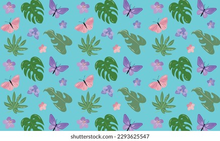 Beautiful backgraunge with tropical leaves, butterflies and flowers