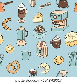 Beautiful background bakery, coffee shop, cafe. Seamless color pattern in doodle style contains coffee, fresh pastries on a light blue background.