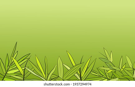 Hermoso fondo con tallo de bambú y hojas. Conjunto de hojas de árbol de bambú. Dibujo de partes de bambú y secciones de ramas y hojas aisladas en un fondo verde. 