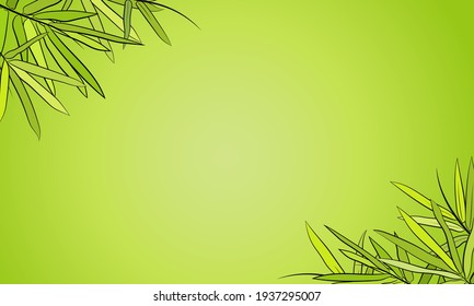 Beautiful background with bamboo stem and leaves. Set of bamboo tree leaves. Drawing of parts of bamboo and sections of branches and leaves isolated on a green  background. 