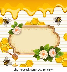 Beautiful background with bees flowers an honeycomb.
