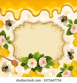 Beautiful background with bees flowers an honeycomb.
