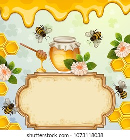 Beautiful background with bees,honey, flowers,honey jar and honeycomb
