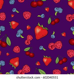 Beautiful background of berries. Raspberries, strawberries, blueberries and cherries. Vector illustration. Summer fruits.