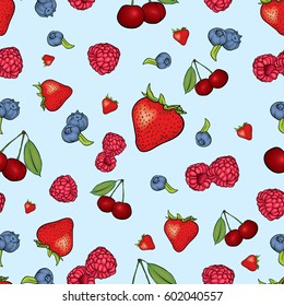 Beautiful background of berries. Raspberries, strawberries, blueberries and cherries. Vector illustration. Summer fruits.