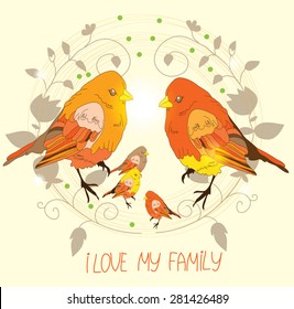 beautiful background with the bird family with flowers on a yellow background with the words I love my family