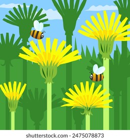 A beautiful background of blooming dandelions and bees flying nearby. Vector illustration Small fat bees do their business bee business swooping among tall grass stalks. Summer day sky and insects get