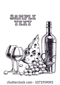 beautiful background with a bottle of wine, glasses, bunch of grapes and cheese