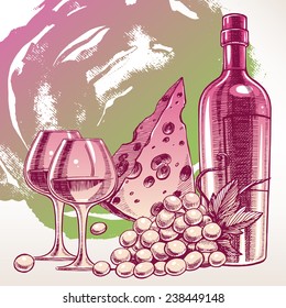 beautiful background with a bottle of wine, glasses, bunch of grapes and cheese