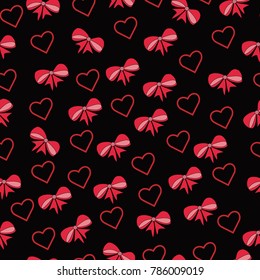 beautiful background with bows and red ribbons and hearts for a Valentine's day holiday on a black background, seamless pattern pattern