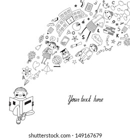 Beautiful background with a boy reading a book and receiving knowledge in the style of the cartoon.
