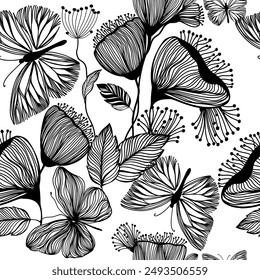 Beautiful background of butterflies black and white colors. Seamless pattern of monochrome flowers and butterflies. hand drawing. Not AI, Vector illustration.